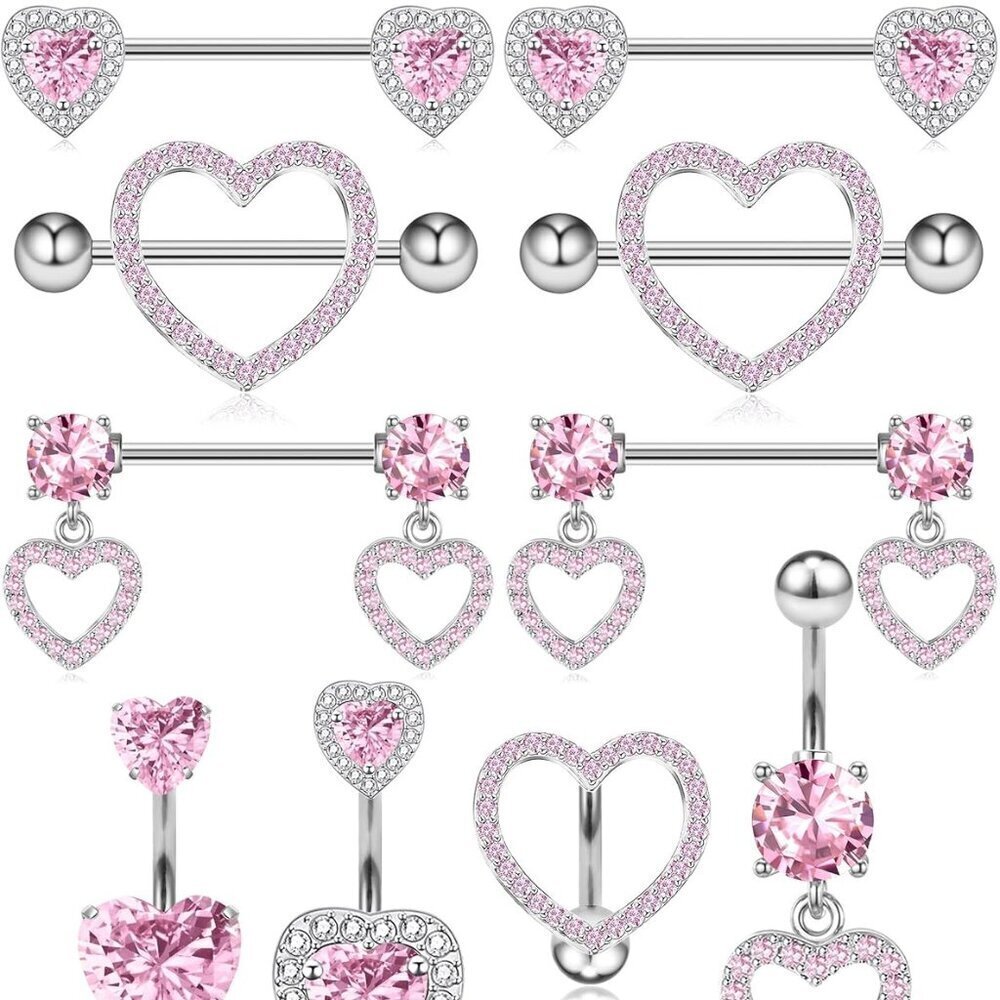Nipple and Belly Button Ring Set Stainless Steel 14G Heart CZ Body Jewelry